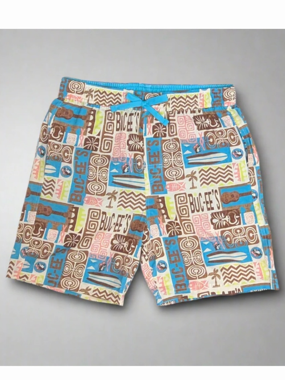 Buc-ee's Patterned Swim Shorts in Blue, Brown, Pink